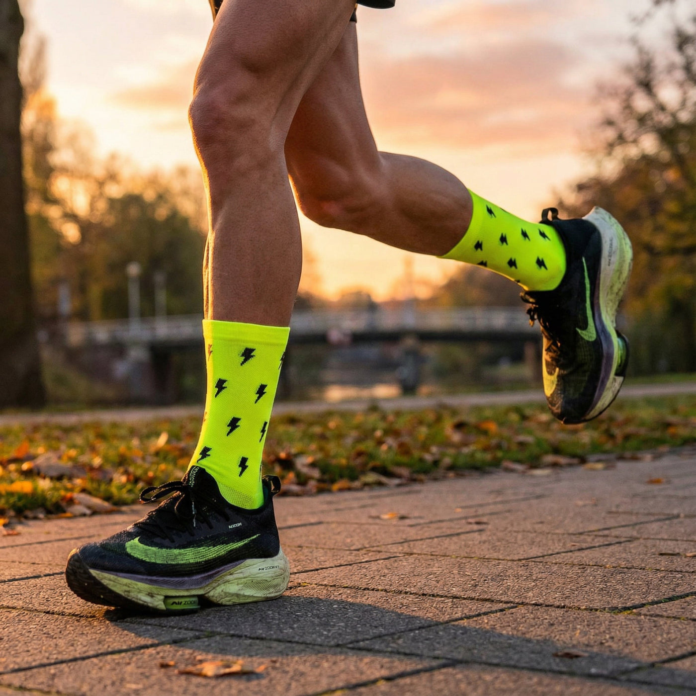 Hardloopsokken - Bliksem print - Neon geel - Maat 39 tot 45+