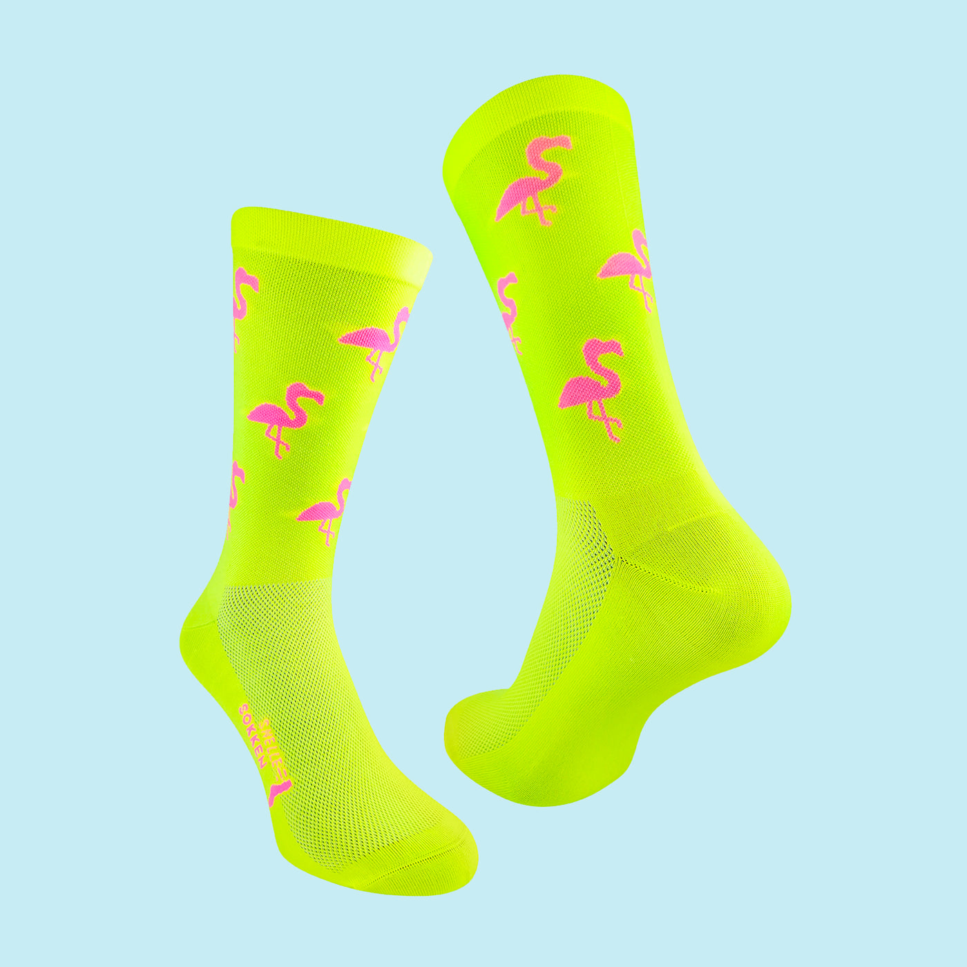 Fietssokken - Flamingo print - Neon geel - Maat 39 tot 45+