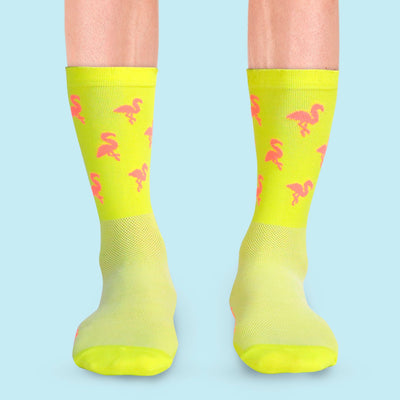 Fietssokken - Flamingo print - Neon geel - Maat 39 tot 45+