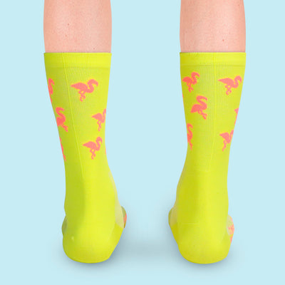 Fietssokken - Flamingo print - Neon geel - Maat 39 tot 45+